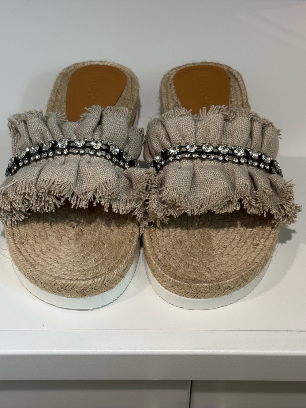 New See by Chloe Women's Beige Fringed Espadrille Slide with Crystal Accent